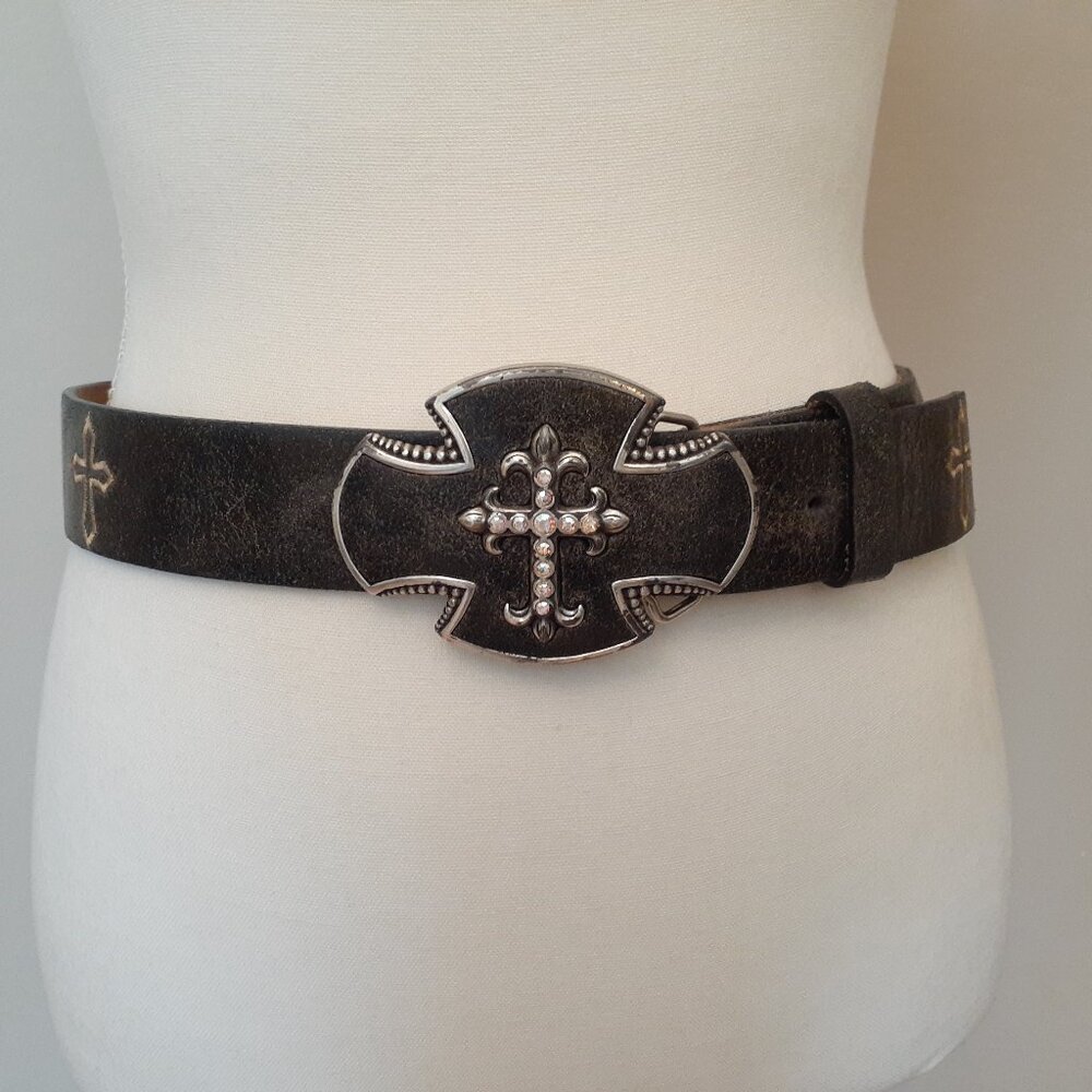 JUSTIN Bent Rail Crystal Cross Brown Leather Belt